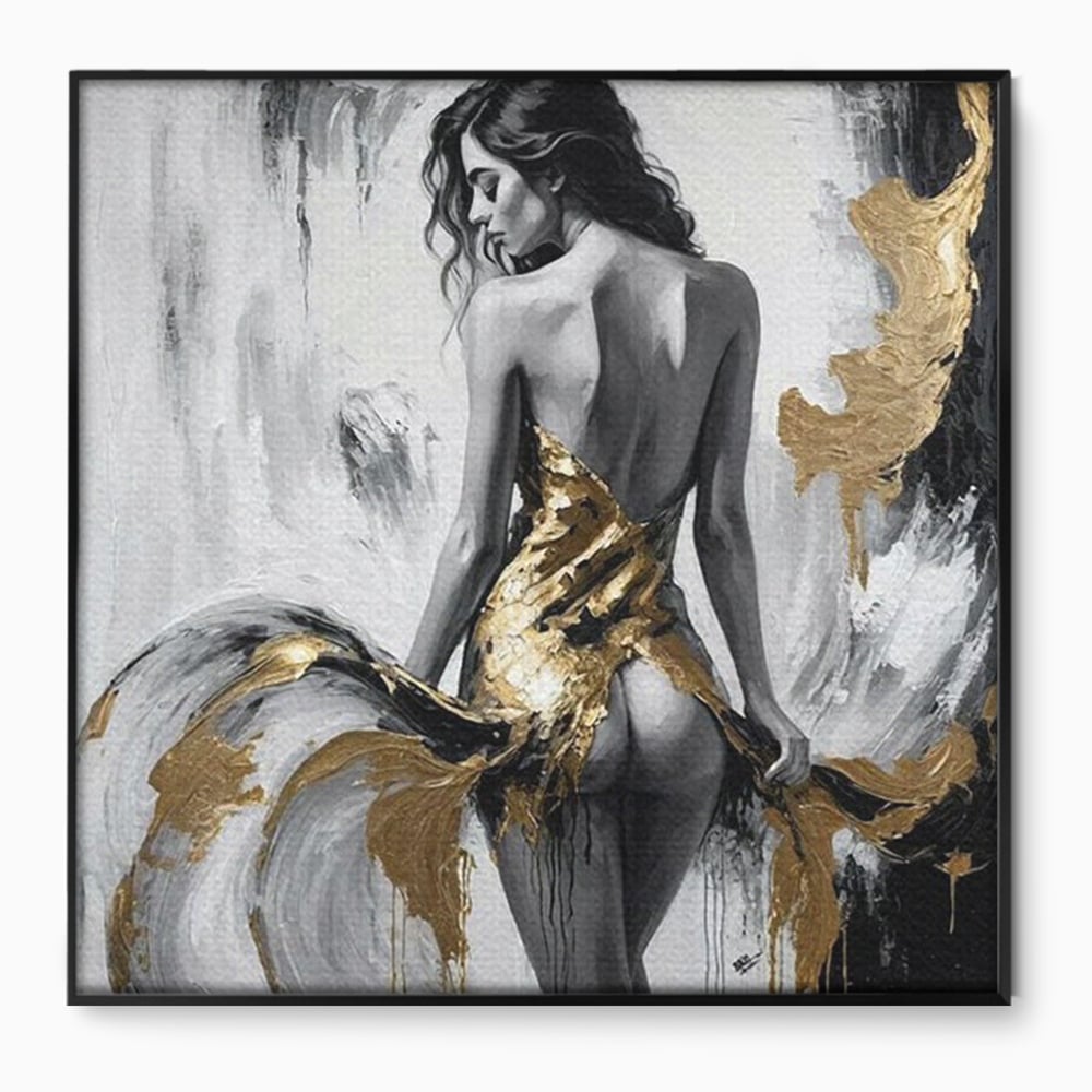 Leinwand Premium Canvas Wandkunst, LuxCanva® P1034, Leidenschaftliche Wende, Gold, Weiblich, Sexy, Silhouette, Silhouette, Körper, Elegant, Verführerisch, Weiß, Schwarz, Schlafzimmer, Wohnzimmer