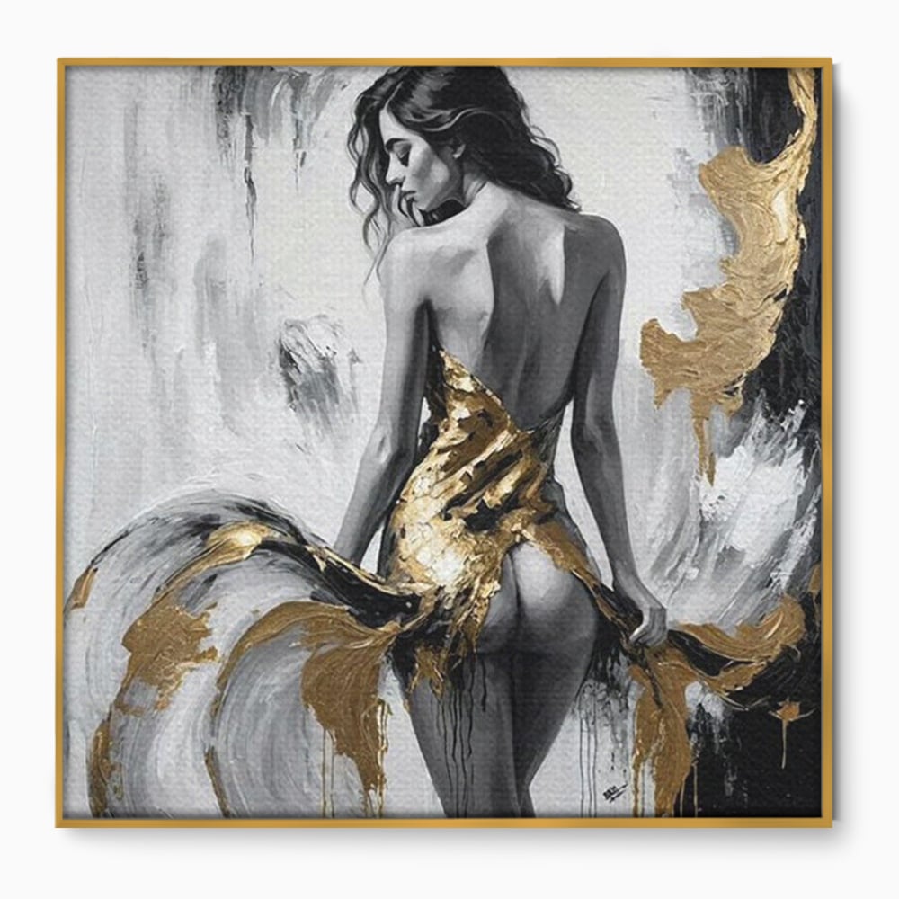 Leinwand Premium Canvas Wandkunst, LuxCanva® P1034, Leidenschaftliche Wende, Gold, Weiblich, Sexy, Silhouette, Silhouette, Körper, Elegant, Verführerisch, Weiß, Schwarz, Schlafzimmer, Wohnzimmer
