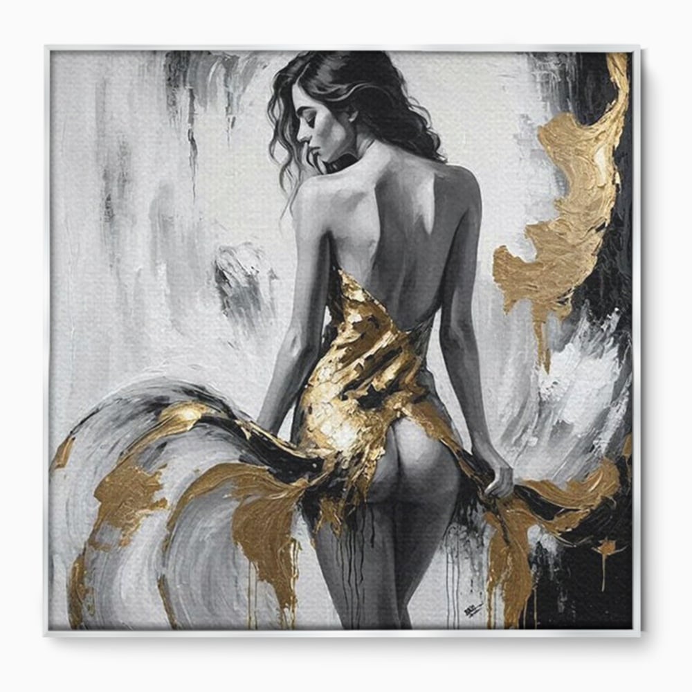 Leinwand Premium Canvas Wandkunst, LuxCanva® P1034, Leidenschaftliche Wende, Gold, Weiblich, Sexy, Silhouette, Silhouette, Körper, Elegant, Verführerisch, Weiß, Schwarz, Schlafzimmer, Wohnzimmer
