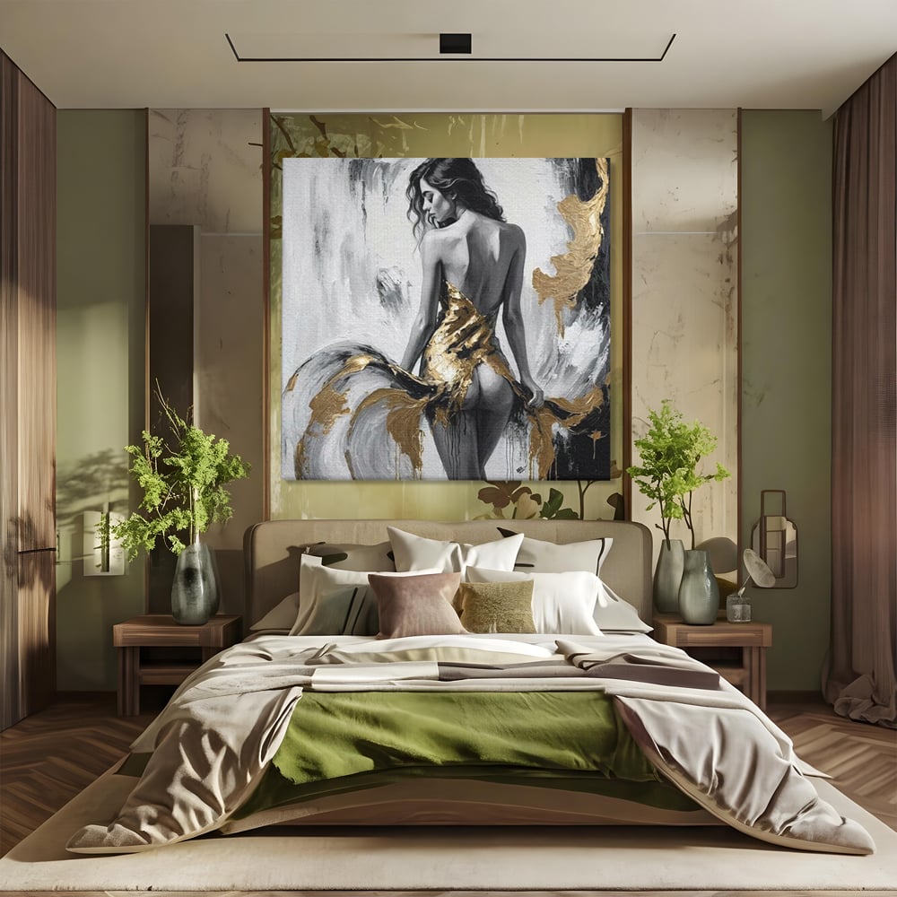 Leinwand Premium Canvas Wandkunst, LuxCanva® P1034, Leidenschaftliche Wende, Gold, Weiblich, Sexy, Silhouette, Silhouette, Körper, Elegant, Verführerisch, Weiß, Schwarz, Schlafzimmer, Wohnzimmer