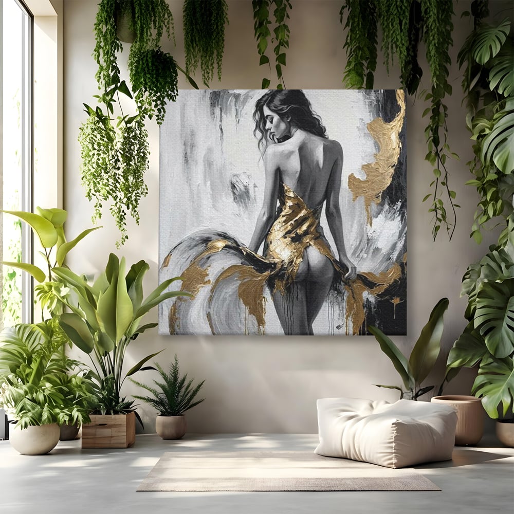 Leinwand Premium Canvas Wandkunst, LuxCanva® P1034, Leidenschaftliche Wende, Gold, Weiblich, Sexy, Silhouette, Silhouette, Körper, Elegant, Verführerisch, Weiß, Schwarz, Schlafzimmer, Wohnzimmer