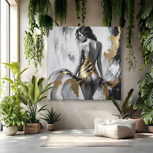 Leinwand Premium Canvas Wandkunst, LuxCanva® P1034, Leidenschaftliche Wende, Gold, Weiblich, Sexy, Silhouette, Silhouette, Körper, Elegant, Verführerisch, Weiß, Schwarz, Schlafzimmer, Wohnzimmer