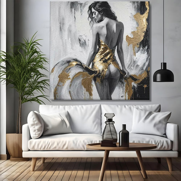 Leinwand Premium Canvas Wandkunst, LuxCanva® P1034, Leidenschaftliche Wende, Gold, Weiblich, Sexy, Silhouette, Silhouette, Körper, Elegant, Verführerisch, Weiß, Schwarz, Schlafzimmer, Wohnzimmer
