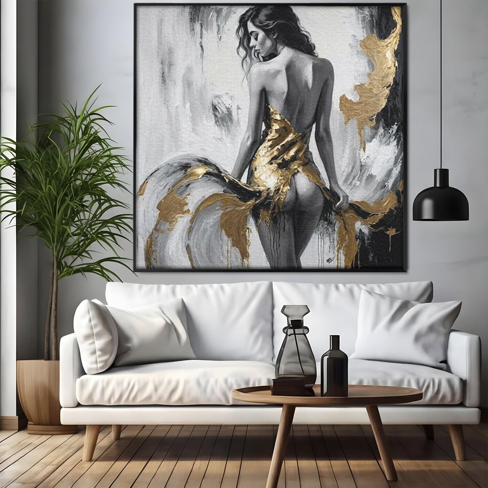 Leinwand Premium Canvas Wandkunst, LuxCanva® P1034, Leidenschaftliche Wende, Gold, Weiblich, Sexy, Silhouette, Silhouette, Körper, Elegant, Verführerisch, Weiß, Schwarz, Schlafzimmer, Wohnzimmer