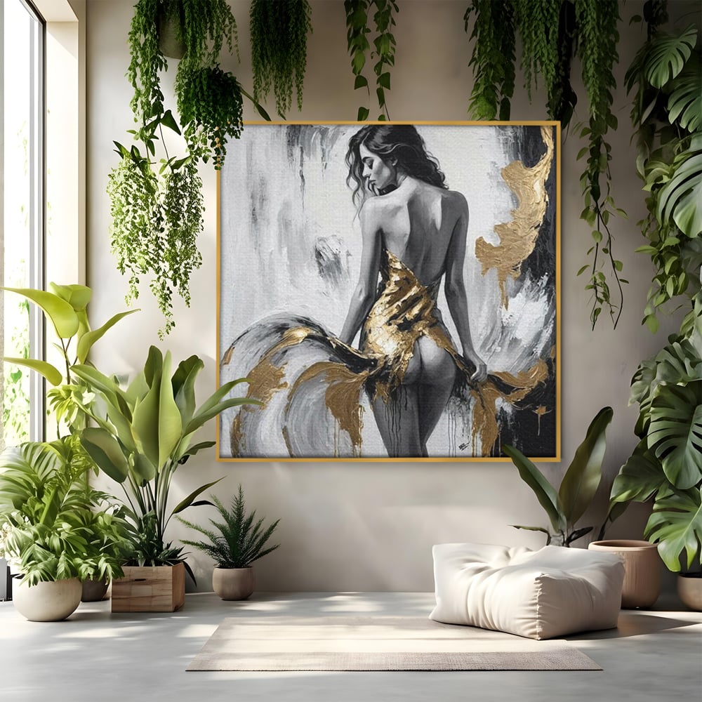 Leinwand Premium Canvas Wandkunst, LuxCanva® P1034, Leidenschaftliche Wende, Gold, Weiblich, Sexy, Silhouette, Silhouette, Körper, Elegant, Verführerisch, Weiß, Schwarz, Schlafzimmer, Wohnzimmer
