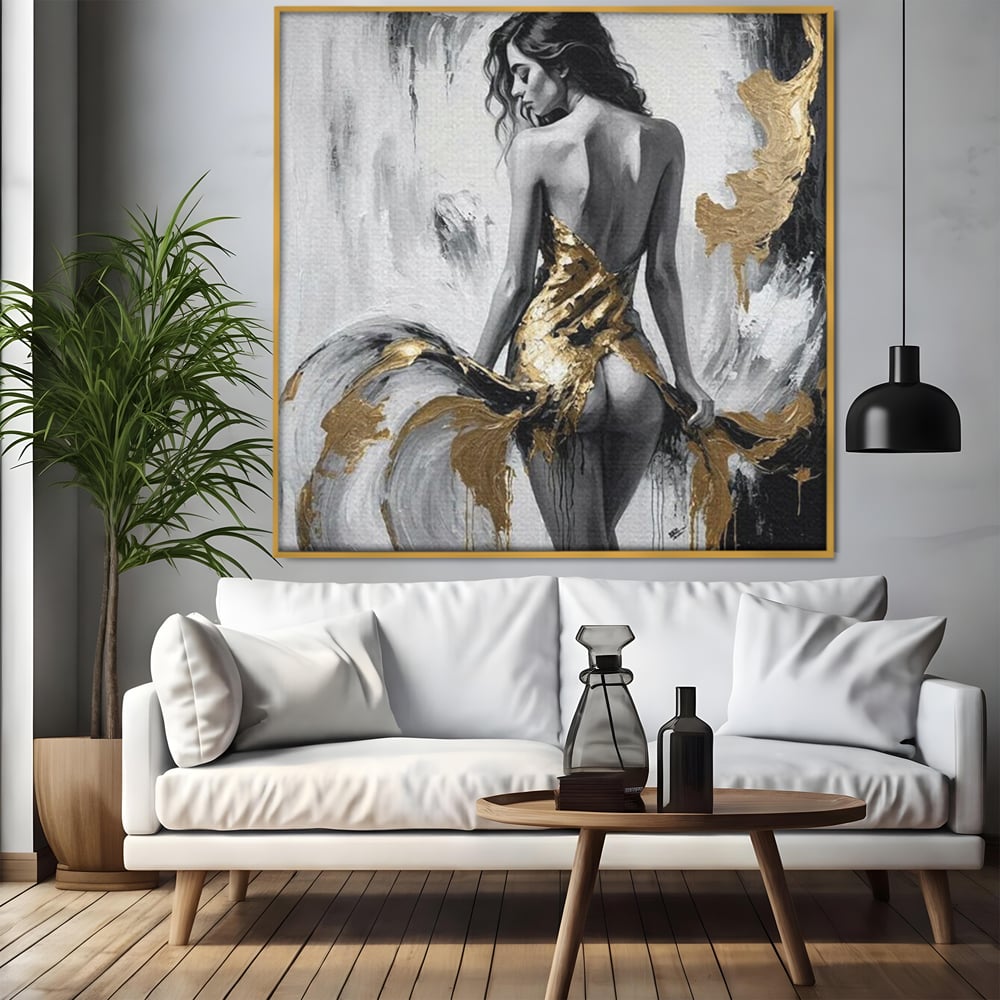 Leinwand Premium Canvas Wandkunst, LuxCanva® P1034, Leidenschaftliche Wende, Gold, Weiblich, Sexy, Silhouette, Silhouette, Körper, Elegant, Verführerisch, Weiß, Schwarz, Schlafzimmer, Wohnzimmer
