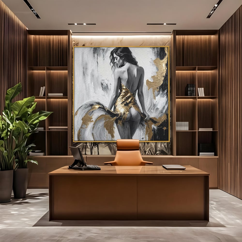 Leinwand Premium Canvas Wandkunst, LuxCanva® P1034, Leidenschaftliche Wende, Gold, Weiblich, Sexy, Silhouette, Silhouette, Körper, Elegant, Verführerisch, Weiß, Schwarz, Schlafzimmer, Wohnzimmer