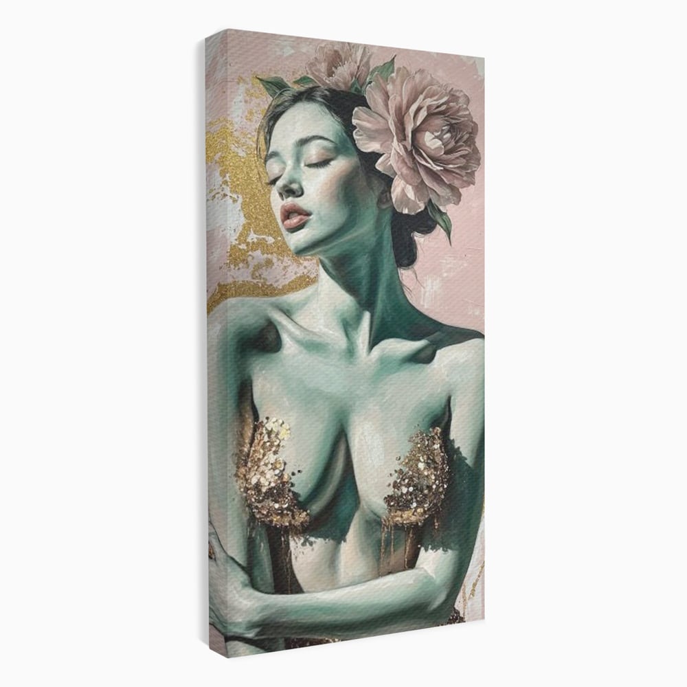 Tablou Canvas Premium, LuxCanva® P1036, Dorinta Inflorita, Floare, Roz, Trandafir, Auriu, Pastel, Femeie, Sexy, Finete, Dormitor, Living