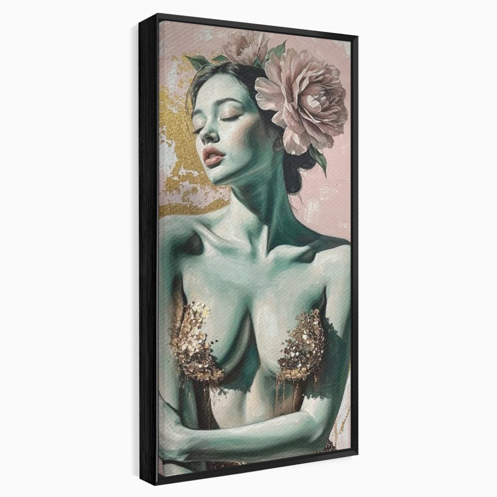 Tablou Canvas Premium, LuxCanva® P1036, Dorinta Inflorita, Floare, Roz, Trandafir, Auriu, Pastel, Femeie, Sexy, Finete, Dormitor, Living