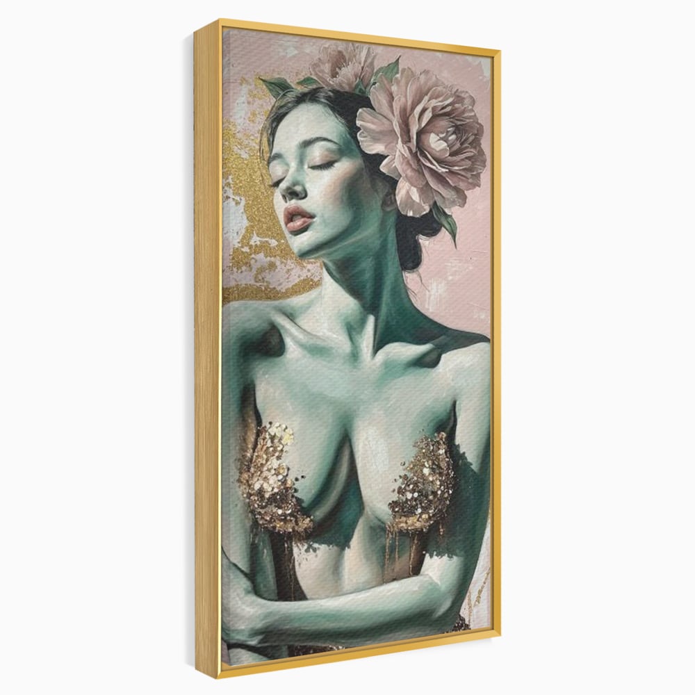 Tablou Canvas Premium, LuxCanva® P1036, Dorinta Inflorita, Floare, Roz, Trandafir, Auriu, Pastel, Femeie, Sexy, Finete, Dormitor, Living
