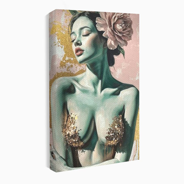 Tablou Canvas Premium, LuxCanva® P1036, Dorinta Inflorita, Floare, Roz, Trandafir, Auriu, Pastel, Femeie, Sexy, Finete, Dormitor, Living