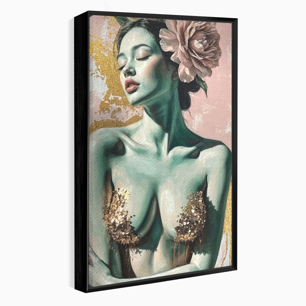 Tablou Canvas Premium, LuxCanva® P1036, Dorinta Inflorita, Floare, Roz, Trandafir, Auriu, Pastel, Femeie, Sexy, Finete, Dormitor, Living