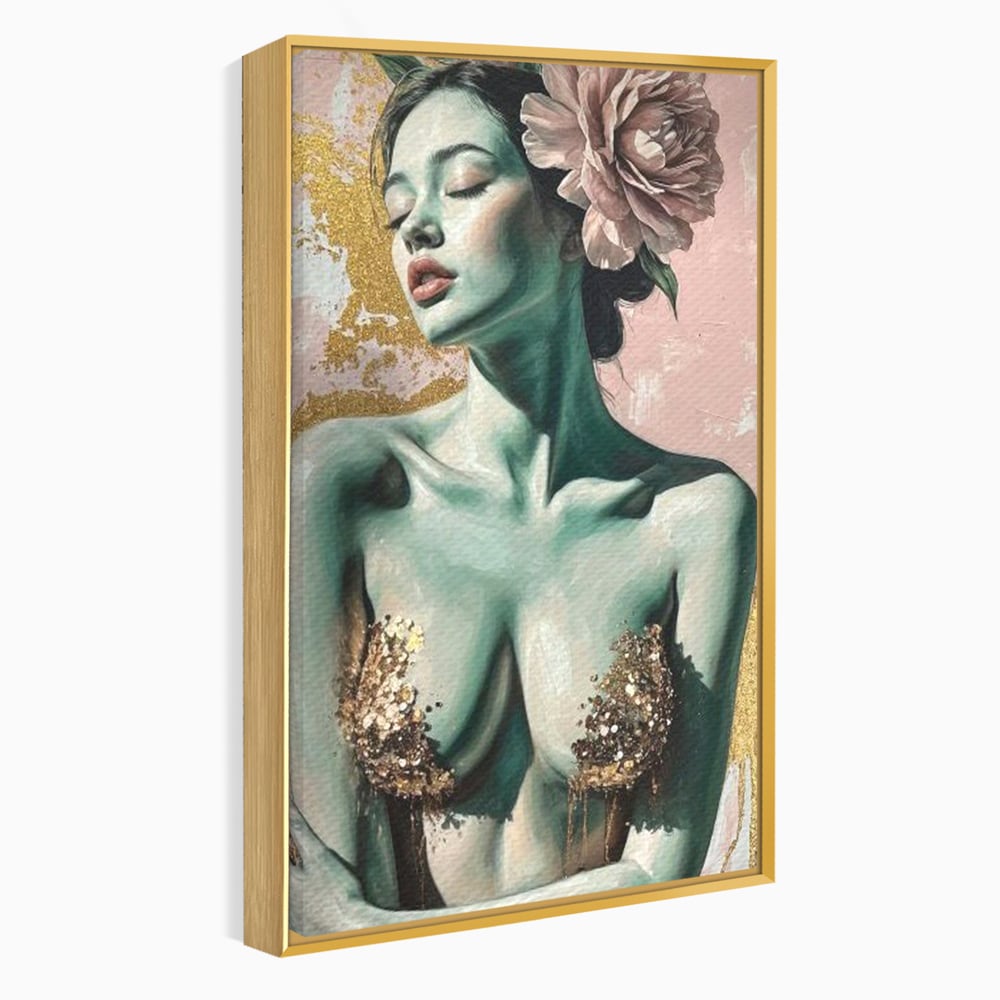 Tablou Canvas Premium, LuxCanva® P1036, Dorinta Inflorita, Floare, Roz, Trandafir, Auriu, Pastel, Femeie, Sexy, Finete, Dormitor, Living