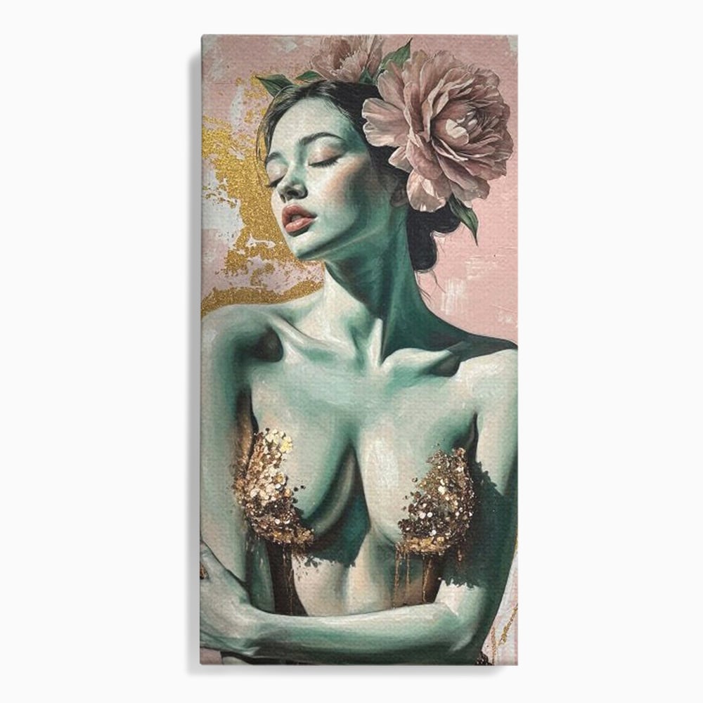 Tablou Canvas Premium, LuxCanva® P1036, Dorinta Inflorita, Floare, Roz, Trandafir, Auriu, Pastel, Femeie, Sexy, Finete, Dormitor, Living