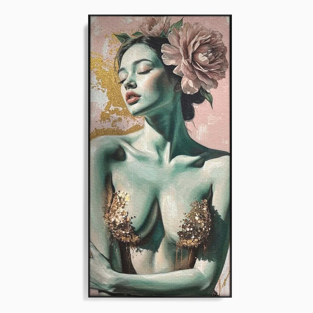 Tablou Canvas Premium, LuxCanva® P1036, Dorinta Inflorita, Floare, Roz, Trandafir, Auriu, Pastel, Femeie, Sexy, Finete, Dormitor, Living