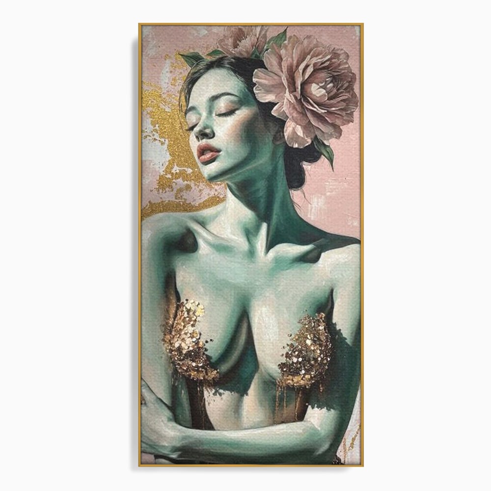 Tablou Canvas Premium, LuxCanva® P1036, Dorinta Inflorita, Floare, Roz, Trandafir, Auriu, Pastel, Femeie, Sexy, Finete, Dormitor, Living