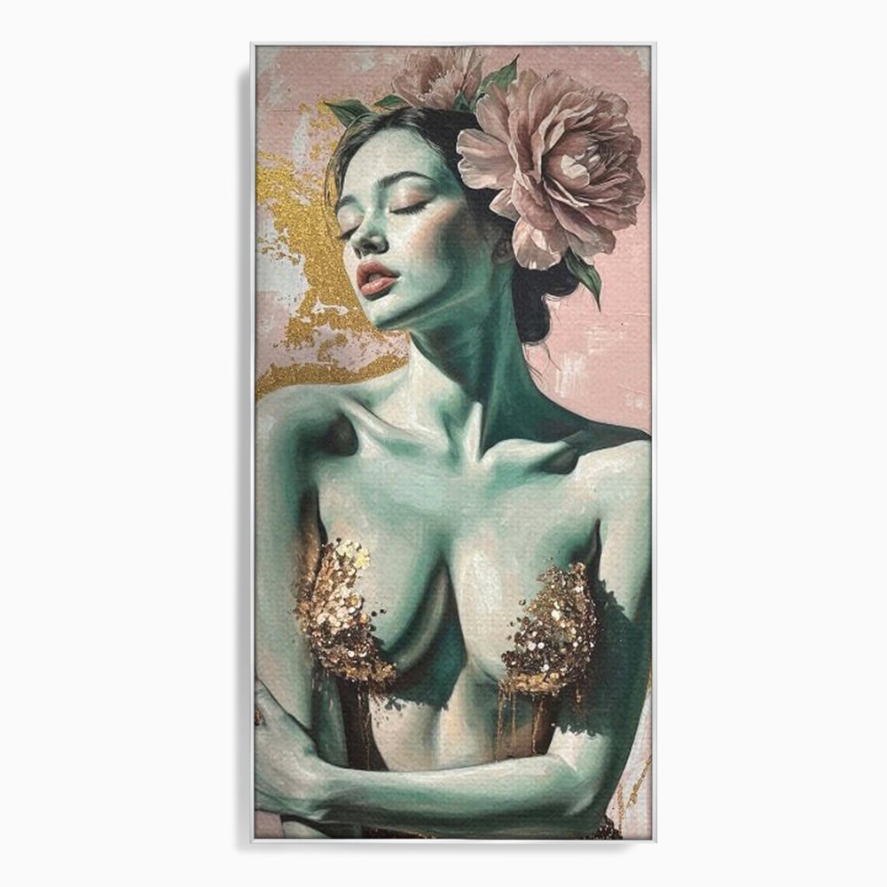 Tablou Canvas Premium, LuxCanva® P1036, Dorinta Inflorita, Floare, Roz, Trandafir, Auriu, Pastel, Femeie, Sexy, Finete, Dormitor, Living