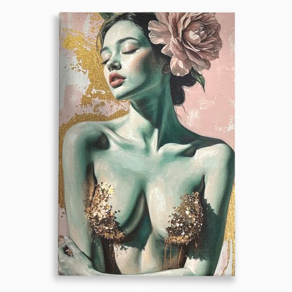 Tablou Canvas Premium, LuxCanva® P1036, Dorinta Inflorita, Floare, Roz, Trandafir, Auriu, Pastel, Femeie, Sexy, Finete, Dormitor, Living