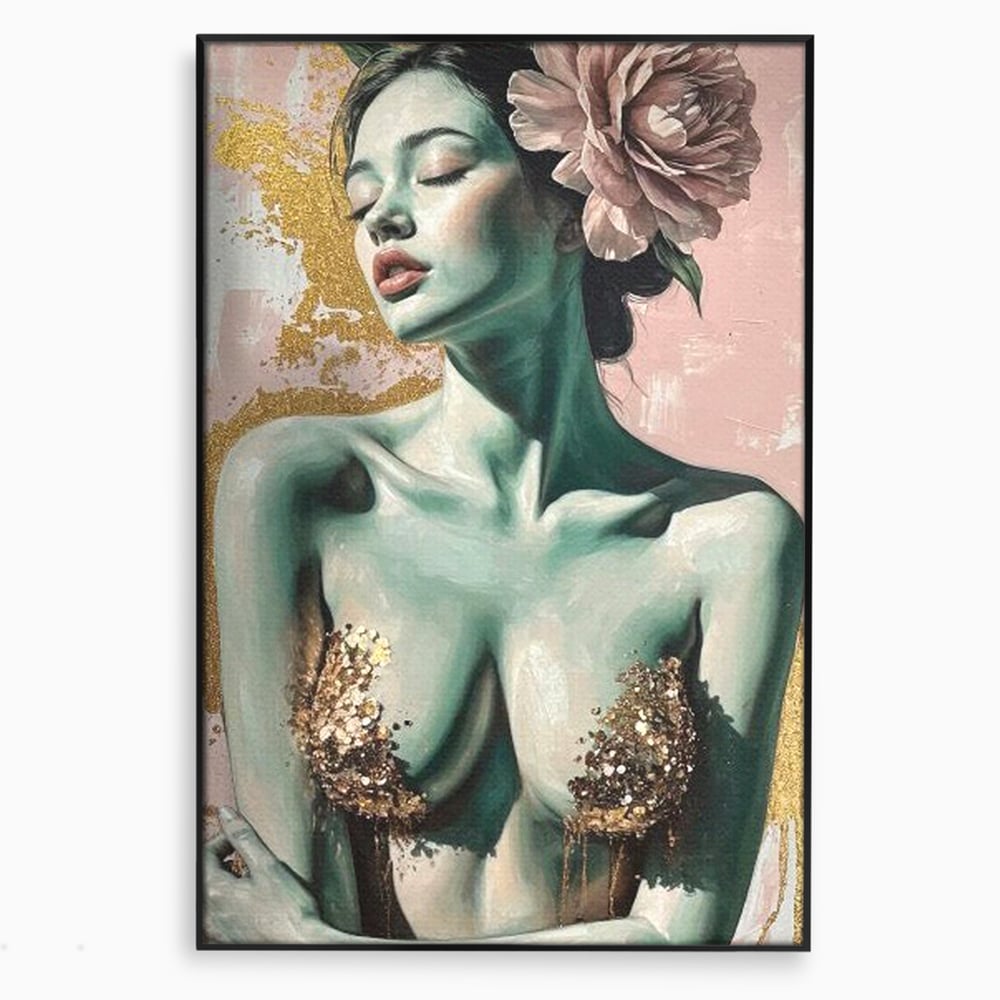 Tablou Canvas Premium, LuxCanva® P1036, Dorinta Inflorita, Floare, Roz, Trandafir, Auriu, Pastel, Femeie, Sexy, Finete, Dormitor, Living