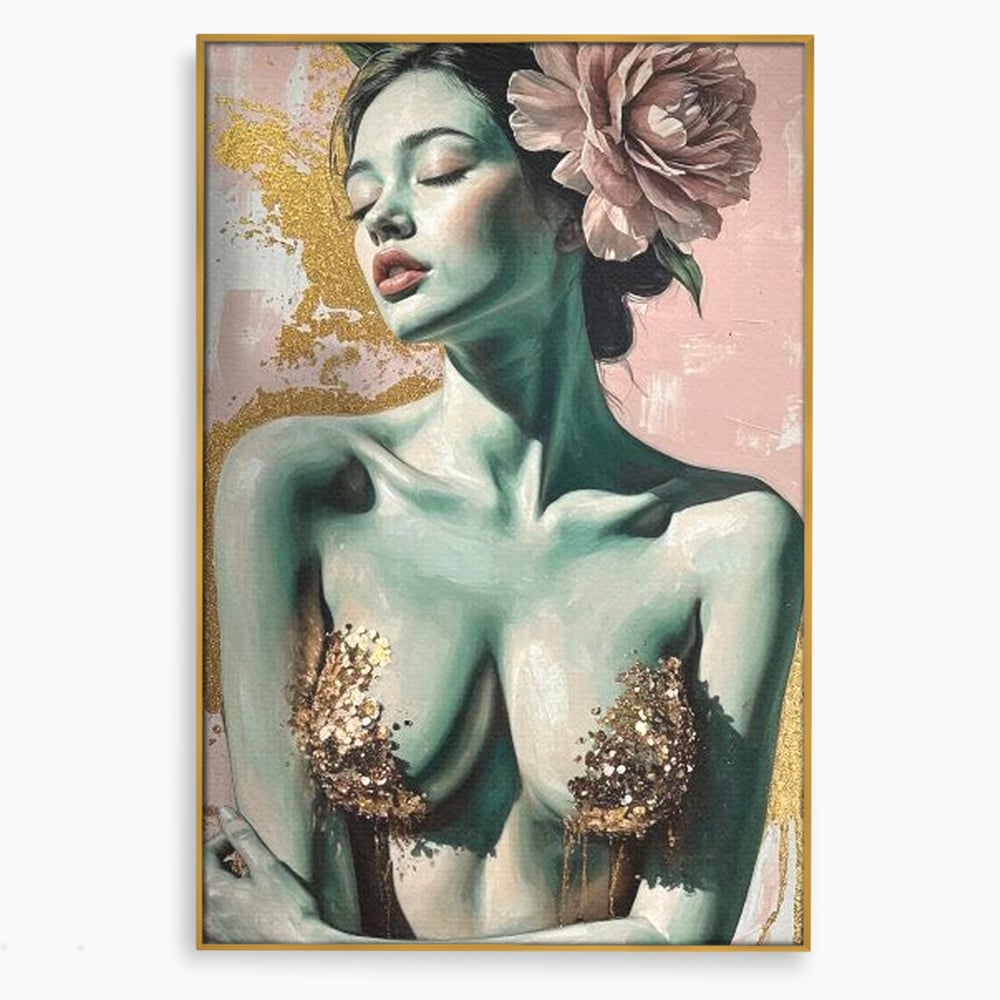 Tablou Canvas Premium, LuxCanva® P1036, Dorinta Inflorita, Floare, Roz, Trandafir, Auriu, Pastel, Femeie, Sexy, Finete, Dormitor, Living