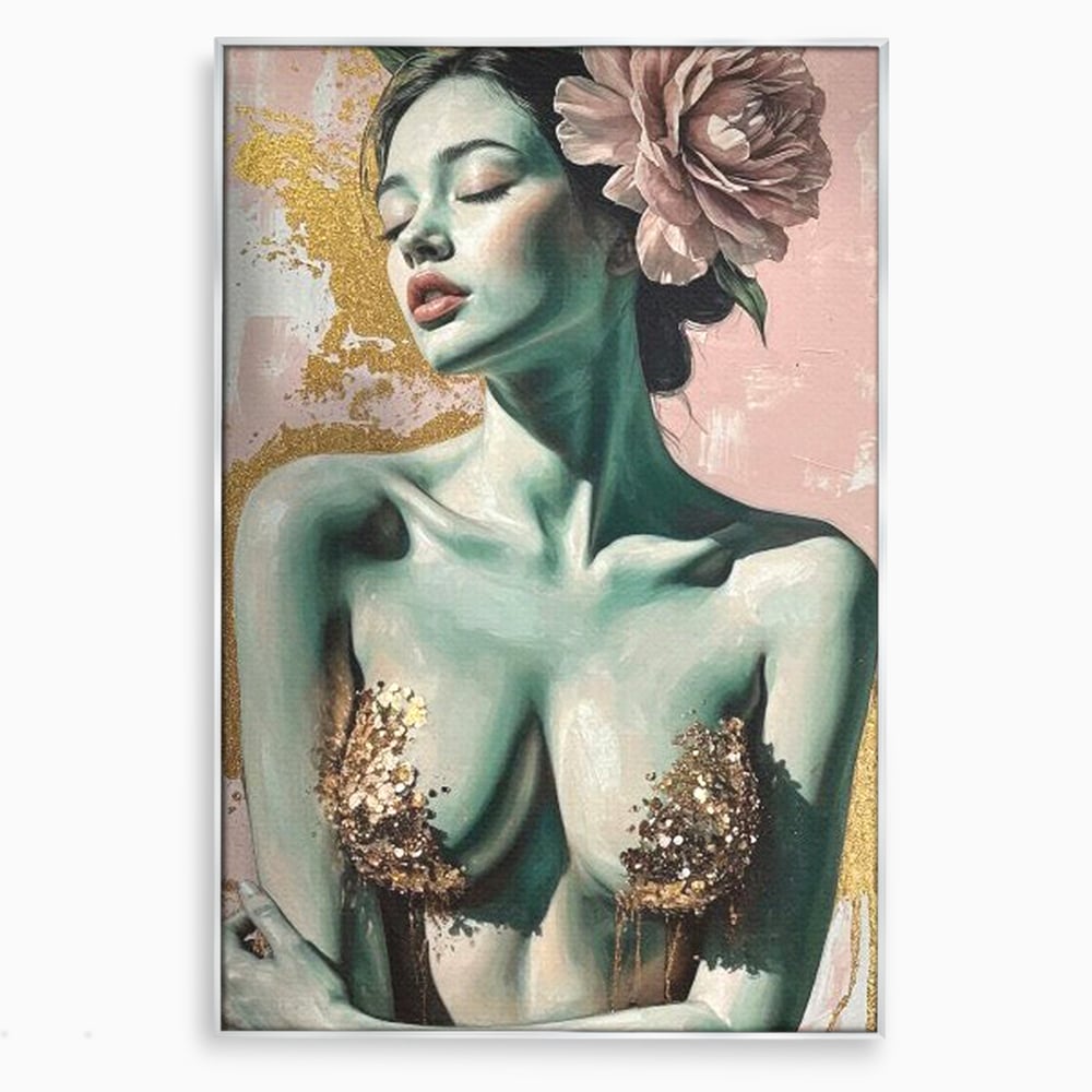 Tablou Canvas Premium, LuxCanva® P1036, Dorinta Inflorita, Floare, Roz, Trandafir, Auriu, Pastel, Femeie, Sexy, Finete, Dormitor, Living