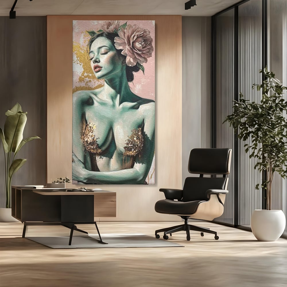 Tablou Canvas Premium, LuxCanva® P1036, Dorinta Inflorita, Floare, Roz, Trandafir, Auriu, Pastel, Femeie, Sexy, Finete, Dormitor, Living