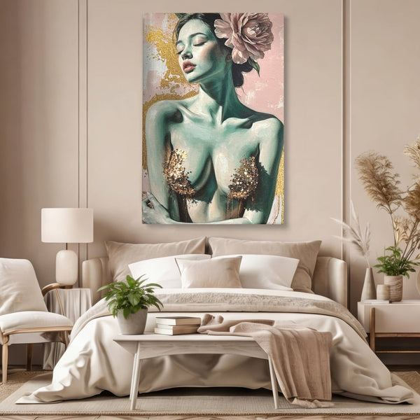 Tablou Canvas Premium, LuxCanva® P1036, Dorinta Inflorita, Floare, Roz, Trandafir, Auriu, Pastel, Femeie, Sexy, Finete, Dormitor, Living