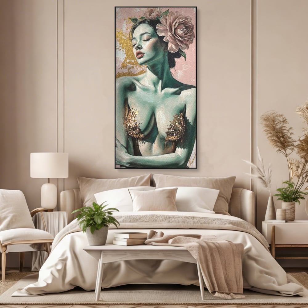 Tablou Canvas Premium, LuxCanva® P1036, Dorinta Inflorita, Floare, Roz, Trandafir, Auriu, Pastel, Femeie, Sexy, Finete, Dormitor, Living