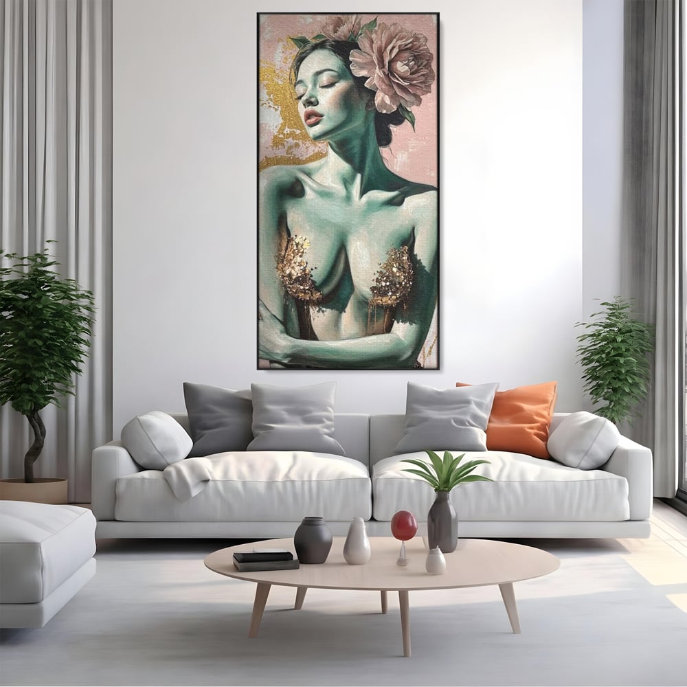 Tablou Canvas Premium, LuxCanva® P1036, Dorinta Inflorita, Floare, Roz, Trandafir, Auriu, Pastel, Femeie, Sexy, Finete, Dormitor, Living