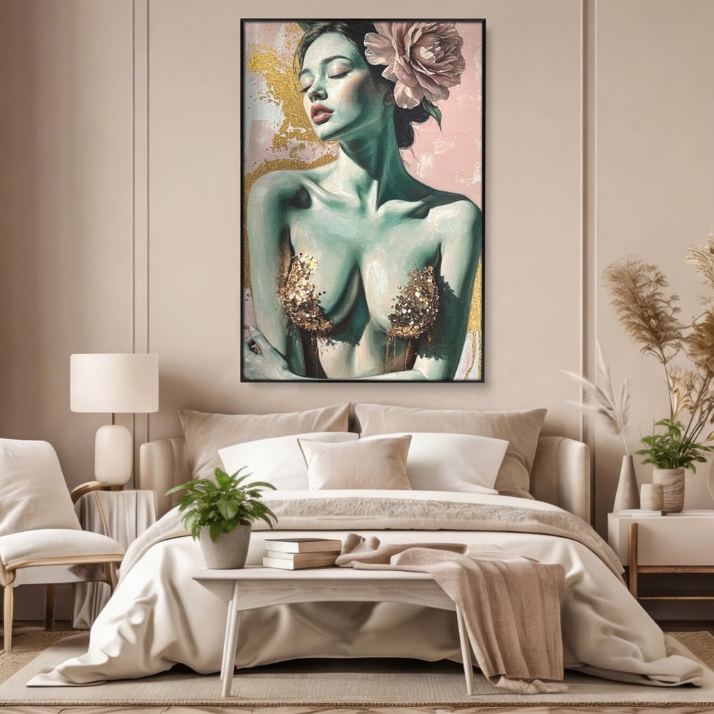 Tablou Canvas Premium, LuxCanva® P1036, Dorinta Inflorita, Floare, Roz, Trandafir, Auriu, Pastel, Femeie, Sexy, Finete, Dormitor, Living