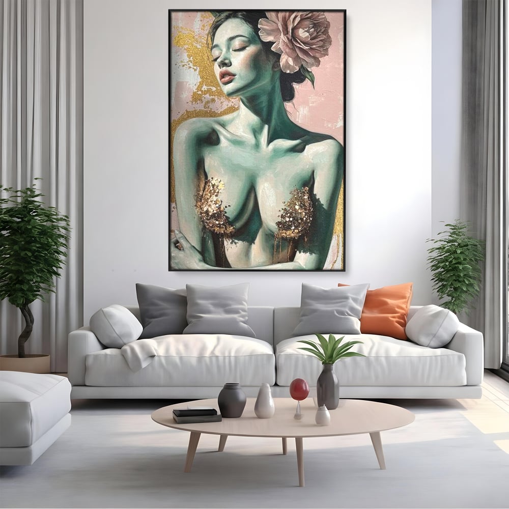 Tablou Canvas Premium, LuxCanva® P1036, Dorinta Inflorita, Floare, Roz, Trandafir, Auriu, Pastel, Femeie, Sexy, Finete, Dormitor, Living
