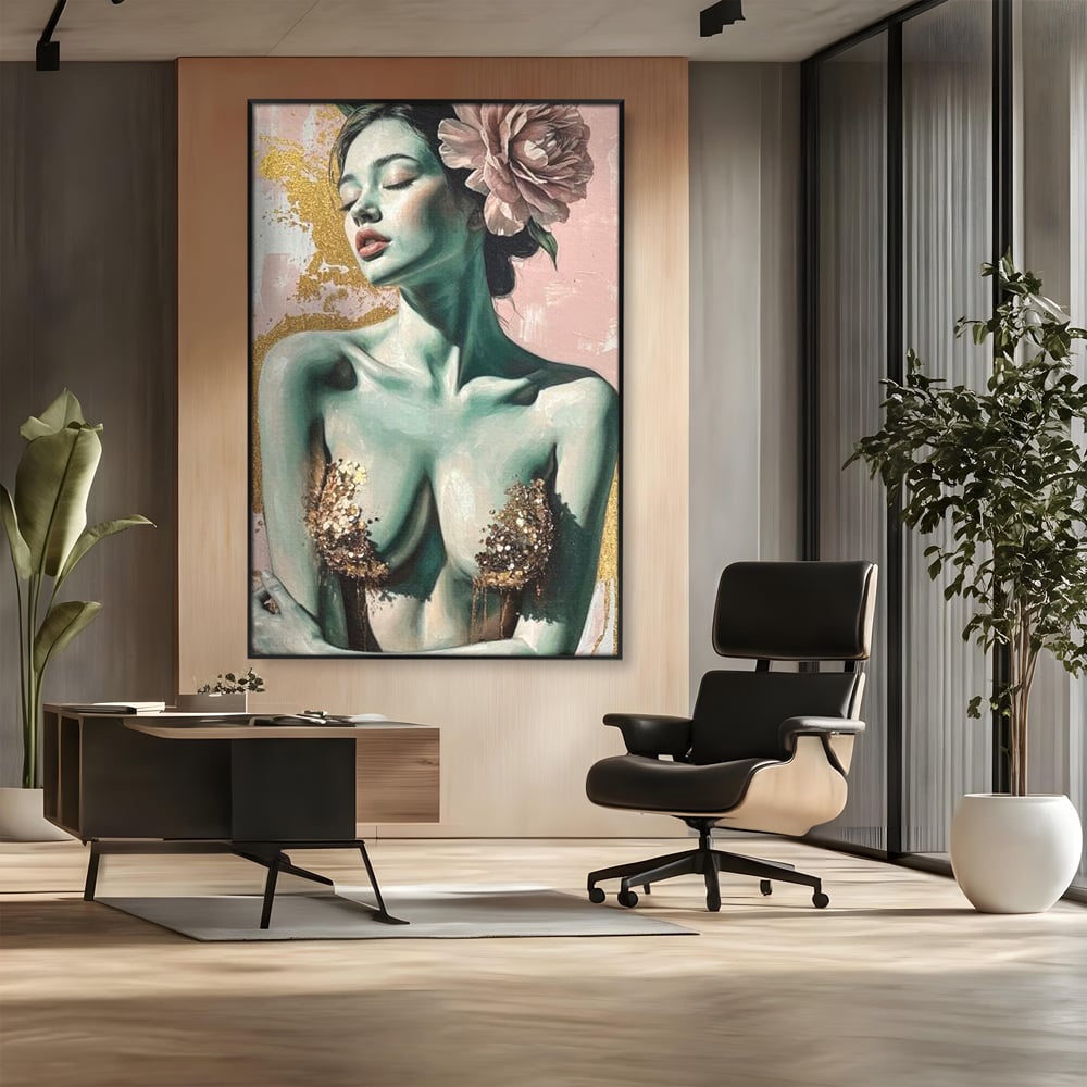 Tablou Canvas Premium, LuxCanva® P1036, Dorinta Inflorita, Floare, Roz, Trandafir, Auriu, Pastel, Femeie, Sexy, Finete, Dormitor, Living