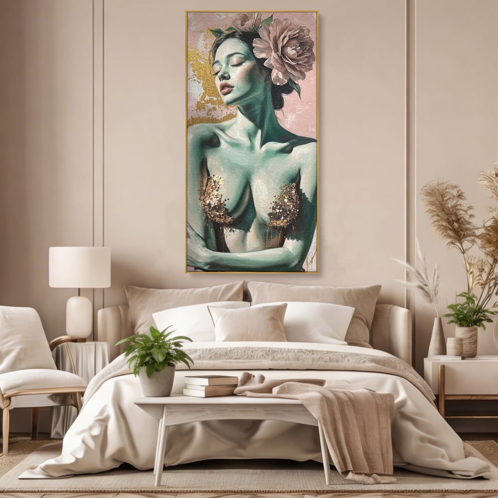 Tablou Canvas Premium, LuxCanva® P1036, Dorinta Inflorita, Floare, Roz, Trandafir, Auriu, Pastel, Femeie, Sexy, Finete, Dormitor, Living