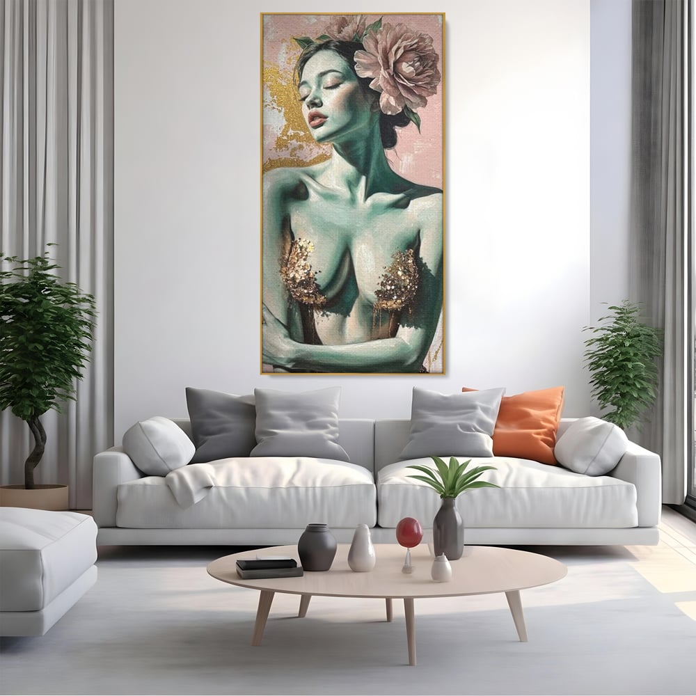 Tablou Canvas Premium, LuxCanva® P1036, Dorinta Inflorita, Floare, Roz, Trandafir, Auriu, Pastel, Femeie, Sexy, Finete, Dormitor, Living