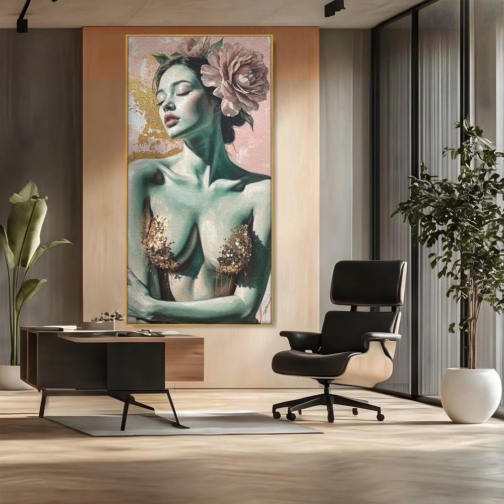 Tablou Canvas Premium, LuxCanva® P1036, Dorinta Inflorita, Floare, Roz, Trandafir, Auriu, Pastel, Femeie, Sexy, Finete, Dormitor, Living