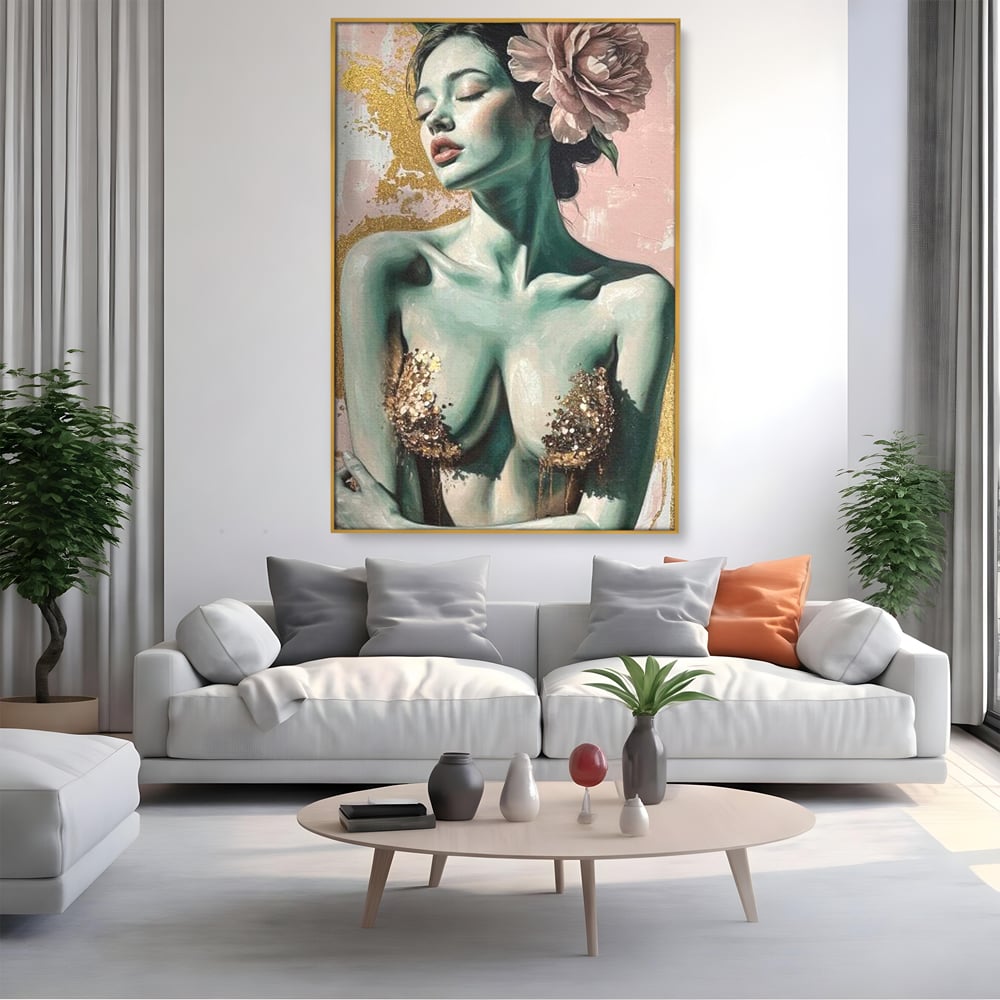 Tablou Canvas Premium, LuxCanva® P1036, Dorinta Inflorita, Floare, Roz, Trandafir, Auriu, Pastel, Femeie, Sexy, Finete, Dormitor, Living