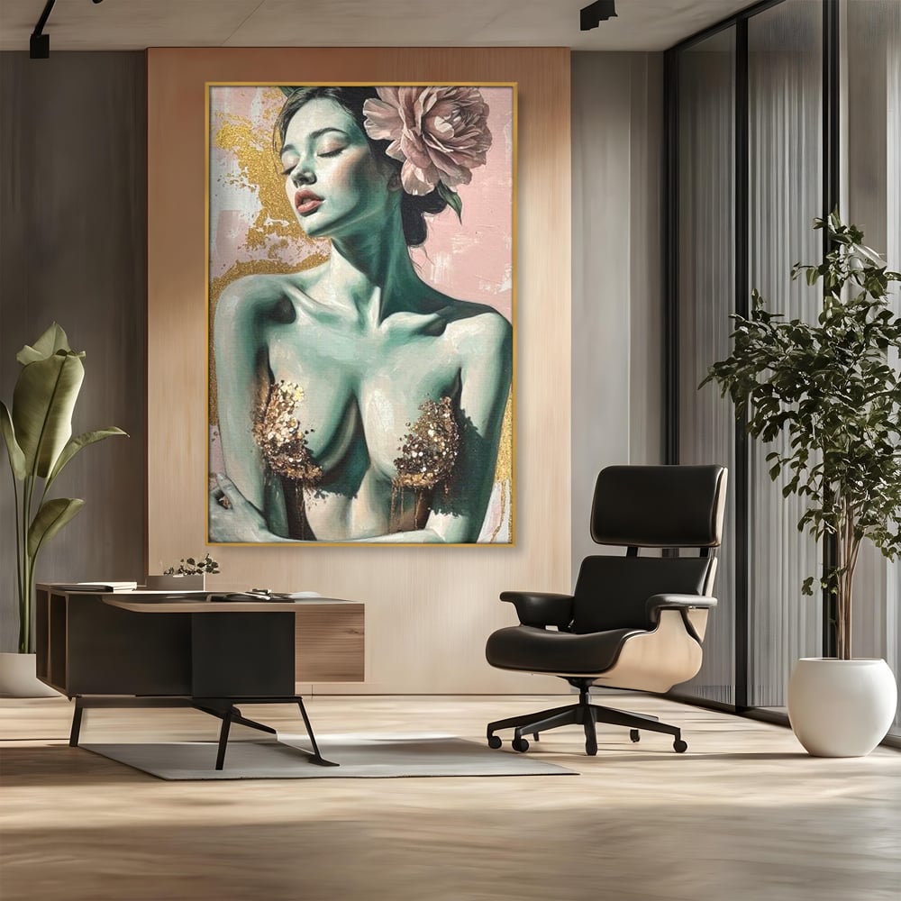 Tablou Canvas Premium, LuxCanva® P1036, Dorinta Inflorita, Floare, Roz, Trandafir, Auriu, Pastel, Femeie, Sexy, Finete, Dormitor, Living