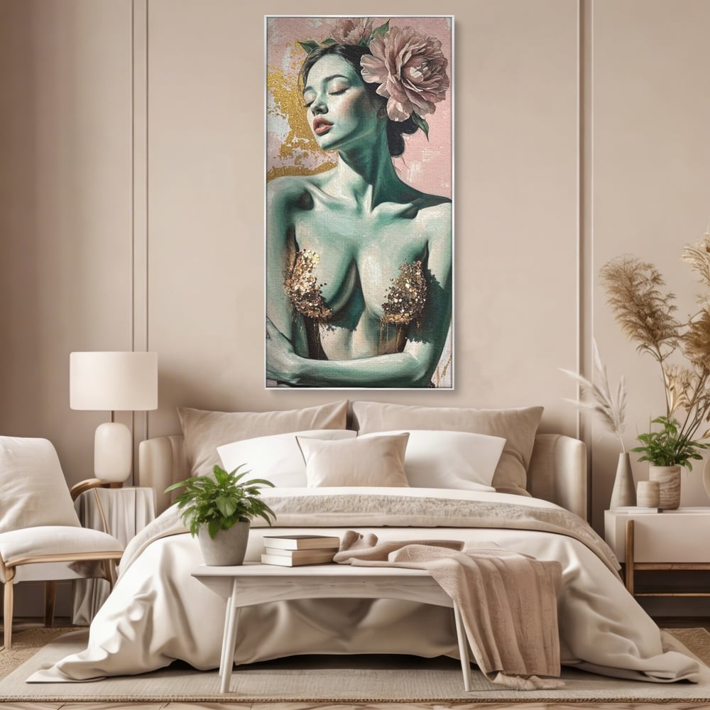 Tablou Canvas Premium, LuxCanva® P1036, Dorinta Inflorita, Floare, Roz, Trandafir, Auriu, Pastel, Femeie, Sexy, Finete, Dormitor, Living