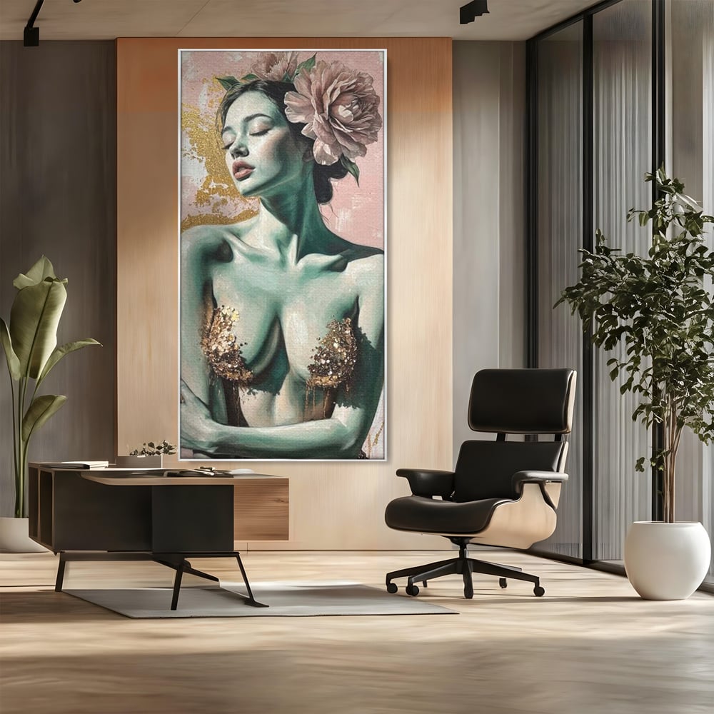 Tablou Canvas Premium, LuxCanva® P1036, Dorinta Inflorita, Floare, Roz, Trandafir, Auriu, Pastel, Femeie, Sexy, Finete, Dormitor, Living