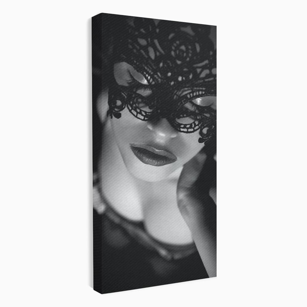 Tablou Canvas Premium, LuxCanva® P1037, Masca Pasională, Masca, Dantela, Negru, Monocrom, Senzualitate, Pasiune, Frumusete, Seducator, Mister, Dramatism, Living, Dormitor