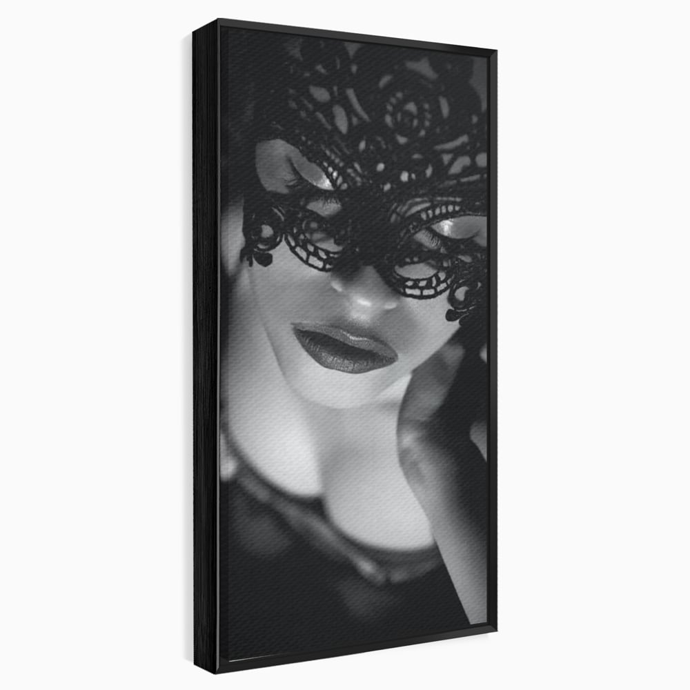 Tablou Canvas Premium, LuxCanva® P1037, Masca Pasională, Masca, Dantela, Negru, Monocrom, Senzualitate, Pasiune, Frumusete, Seducator, Mister, Dramatism, Living, Dormitor