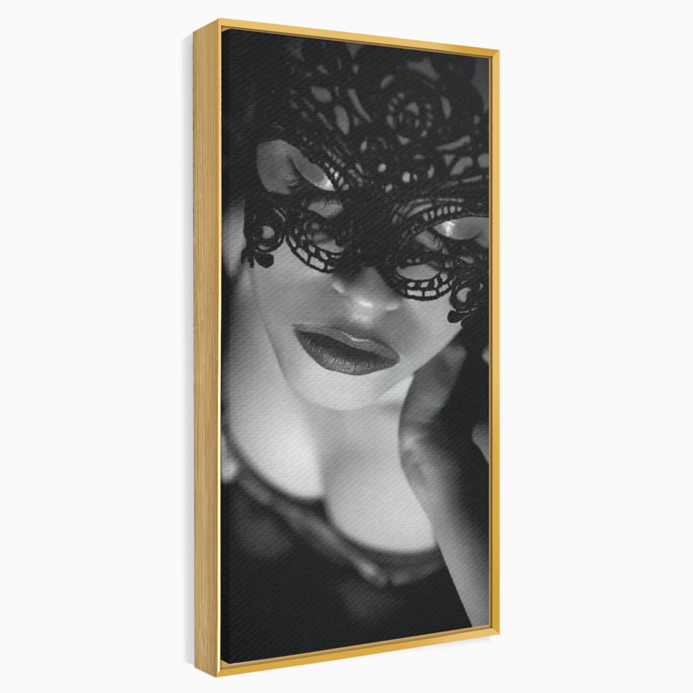 Tablou Canvas Premium, LuxCanva® P1037, Masca Pasională, Masca, Dantela, Negru, Monocrom, Senzualitate, Pasiune, Frumusete, Seducator, Mister, Dramatism, Living, Dormitor