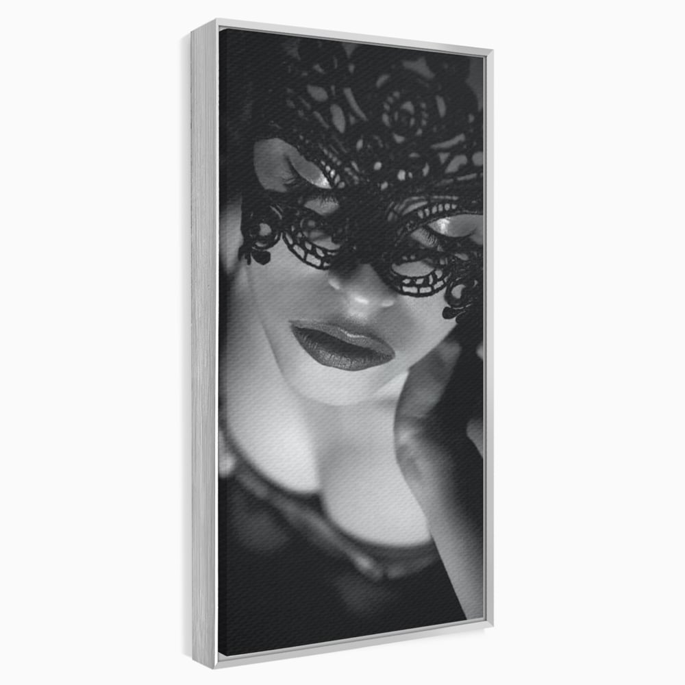 Tablou Canvas Premium, LuxCanva® P1037, Masca Pasională, Masca, Dantela, Negru, Monocrom, Senzualitate, Pasiune, Frumusete, Seducator, Mister, Dramatism, Living, Dormitor
