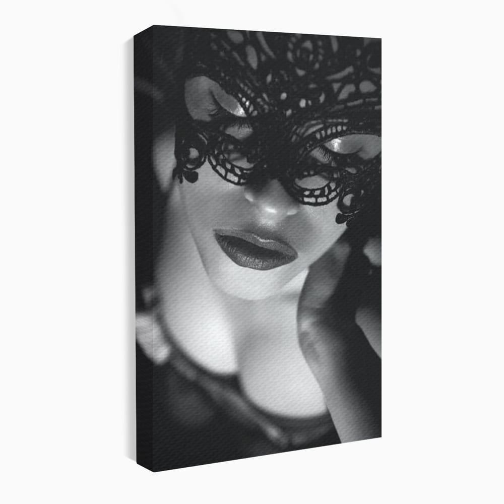 Tablou Canvas Premium, LuxCanva® P1037, Masca Pasională, Masca, Dantela, Negru, Monocrom, Senzualitate, Pasiune, Frumusete, Seducator, Mister, Dramatism, Living, Dormitor