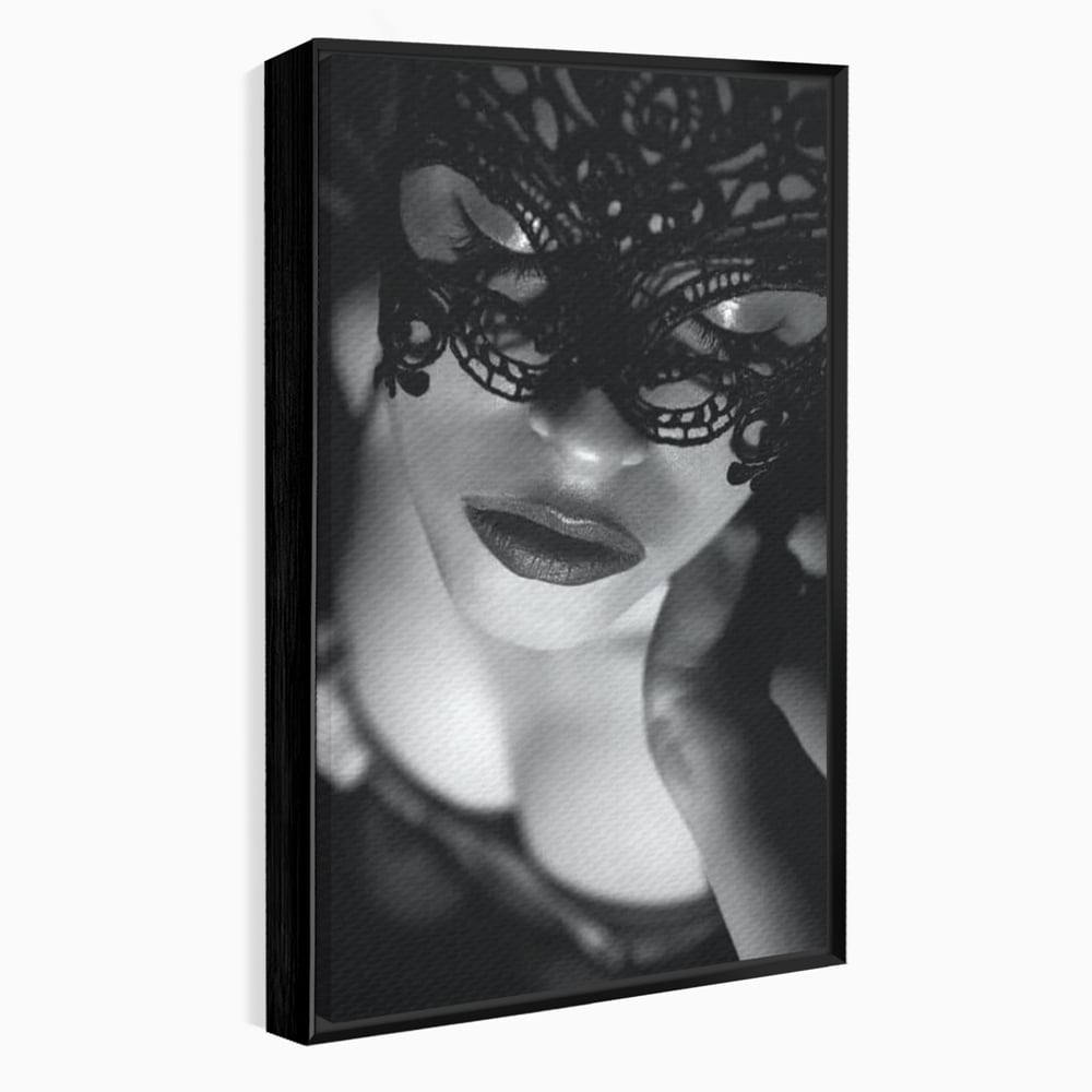 Tablou Canvas Premium, LuxCanva® P1037, Masca Pasională, Masca, Dantela, Negru, Monocrom, Senzualitate, Pasiune, Frumusete, Seducator, Mister, Dramatism, Living, Dormitor