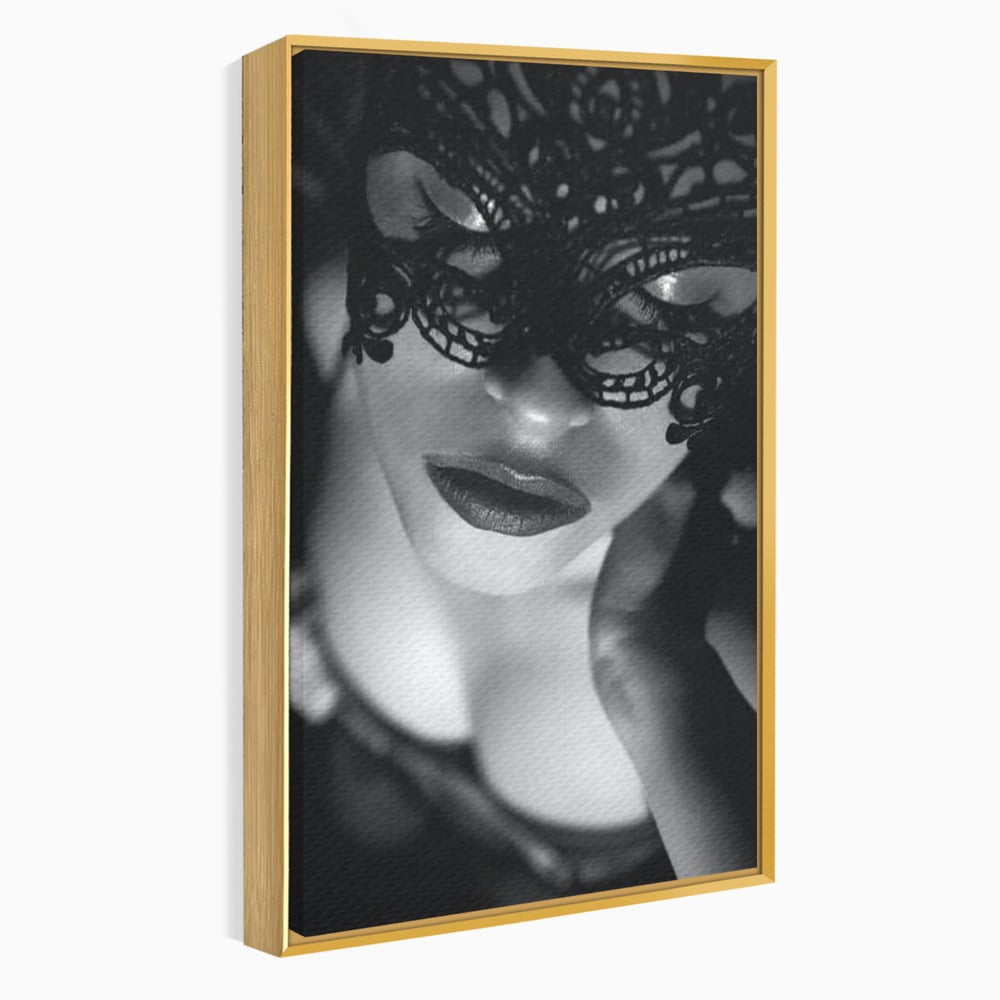 Tablou Canvas Premium, LuxCanva® P1037, Masca Pasională, Masca, Dantela, Negru, Monocrom, Senzualitate, Pasiune, Frumusete, Seducator, Mister, Dramatism, Living, Dormitor