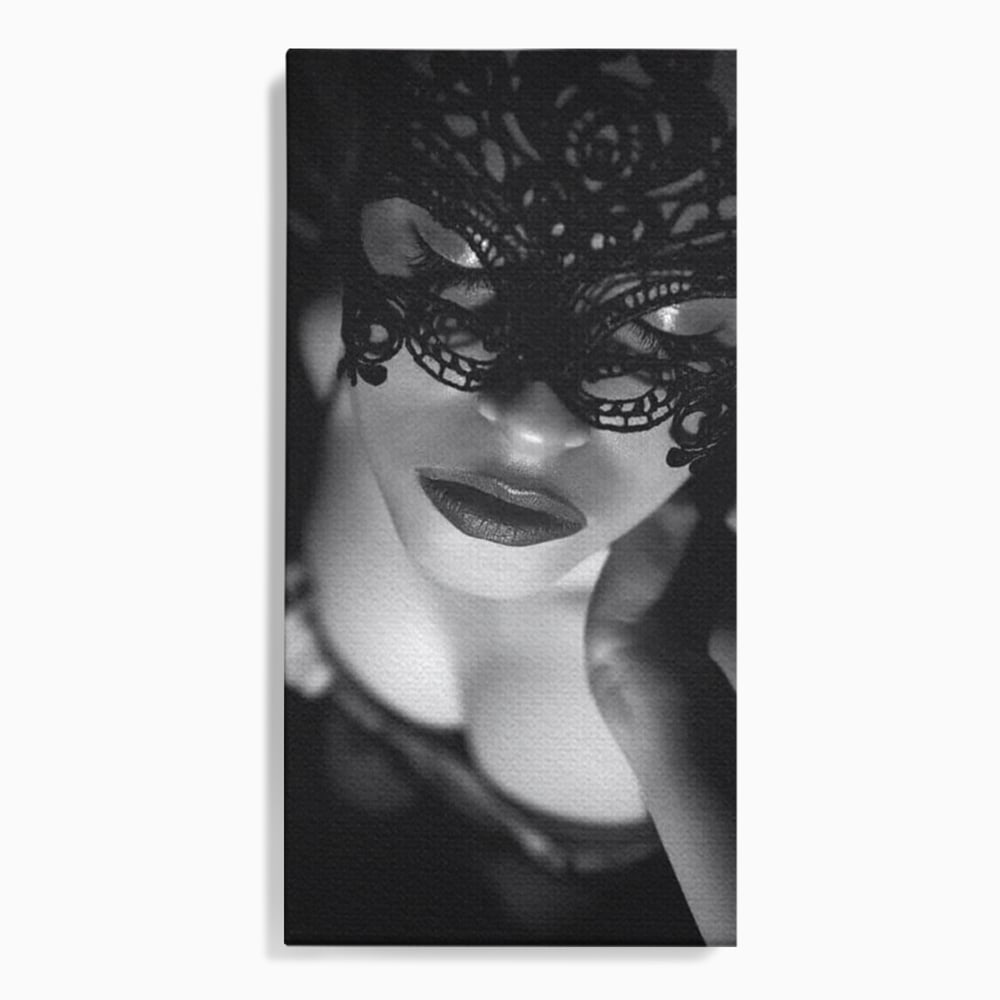 Tablou Canvas Premium, LuxCanva® P1037, Masca Pasională, Masca, Dantela, Negru, Monocrom, Senzualitate, Pasiune, Frumusete, Seducator, Mister, Dramatism, Living, Dormitor