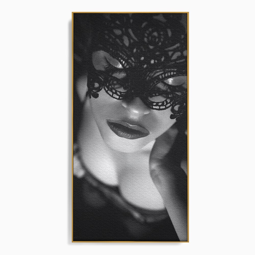 Tablou Canvas Premium, LuxCanva® P1037, Masca Pasională, Masca, Dantela, Negru, Monocrom, Senzualitate, Pasiune, Frumusete, Seducator, Mister, Dramatism, Living, Dormitor