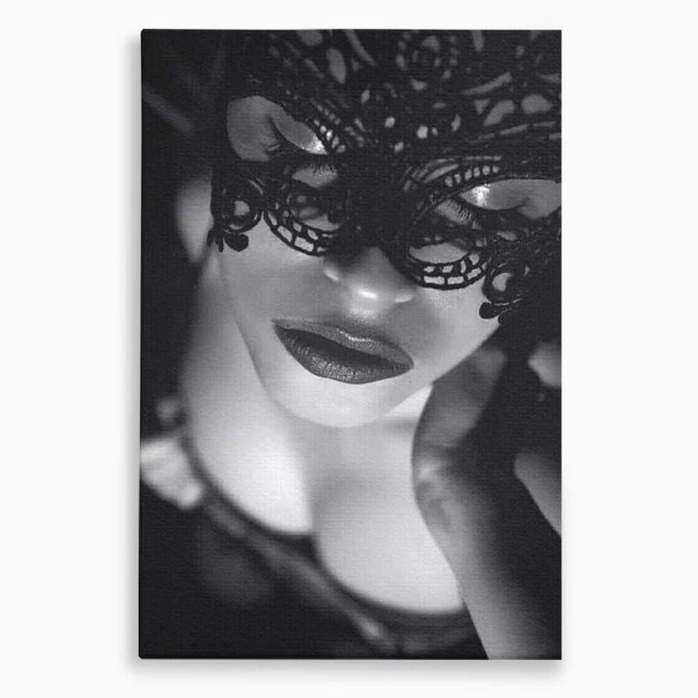 Tablou Canvas Premium, LuxCanva® P1037, Masca Pasională, Masca, Dantela, Negru, Monocrom, Senzualitate, Pasiune, Frumusete, Seducator, Mister, Dramatism, Living, Dormitor