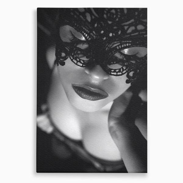 Tablou Canvas Premium, LuxCanva® P1037, Masca Pasională, Masca, Dantela, Negru, Monocrom, Senzualitate, Pasiune, Frumusete, Seducator, Mister, Dramatism, Living, Dormitor